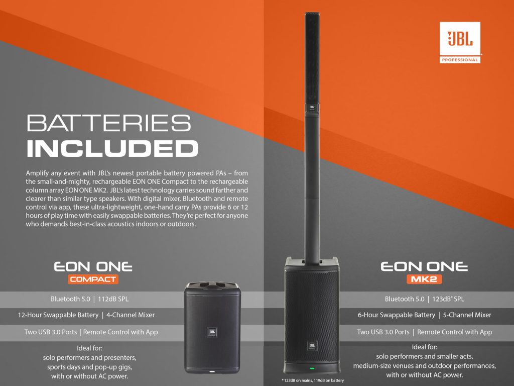 NZs's Must Have Leading Go To portable battery powered PA Systems JBL EON ONE Compact and EON ONE MK2