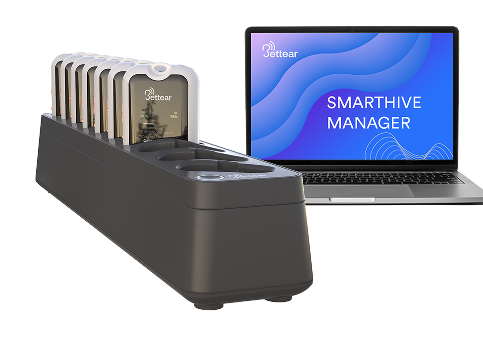 Bettear auracast devices have multiple charging bays and management software